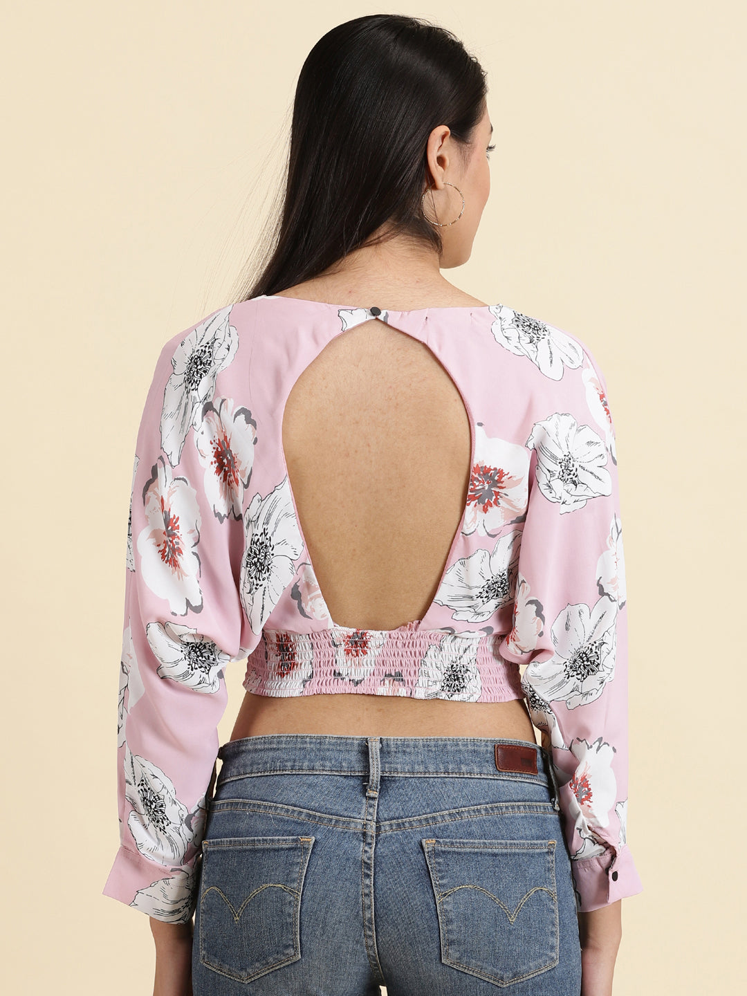 Women's Pink Printed Styled Back Crop Top