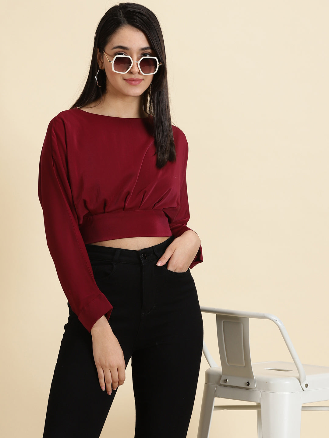 Women's Burgundy Solid Styled Back Crop Top