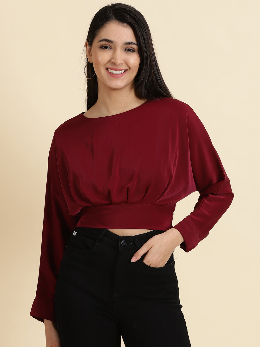 Women's Burgundy Solid Styled Back Crop Top