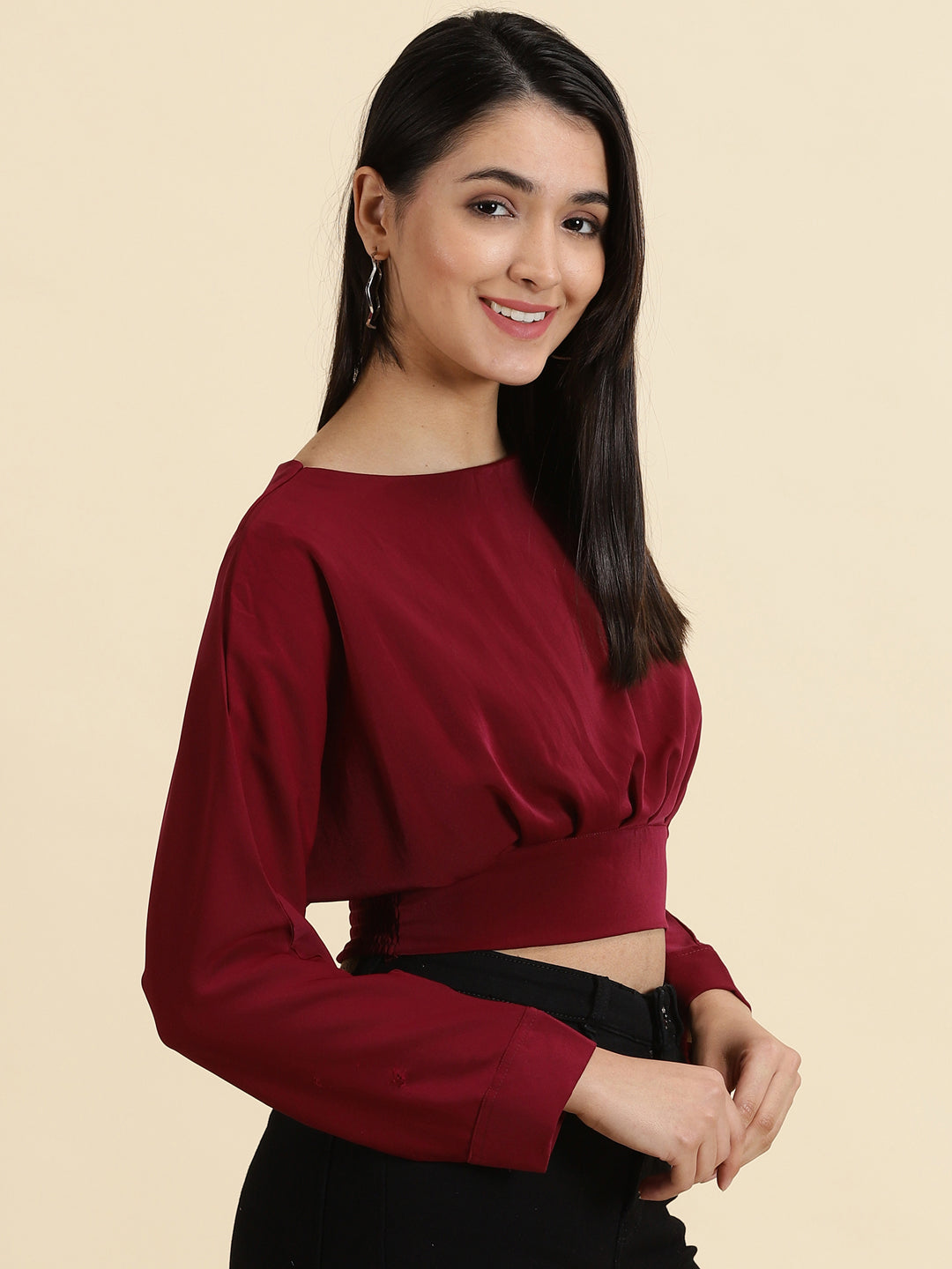 Women's Burgundy Solid Styled Back Crop Top