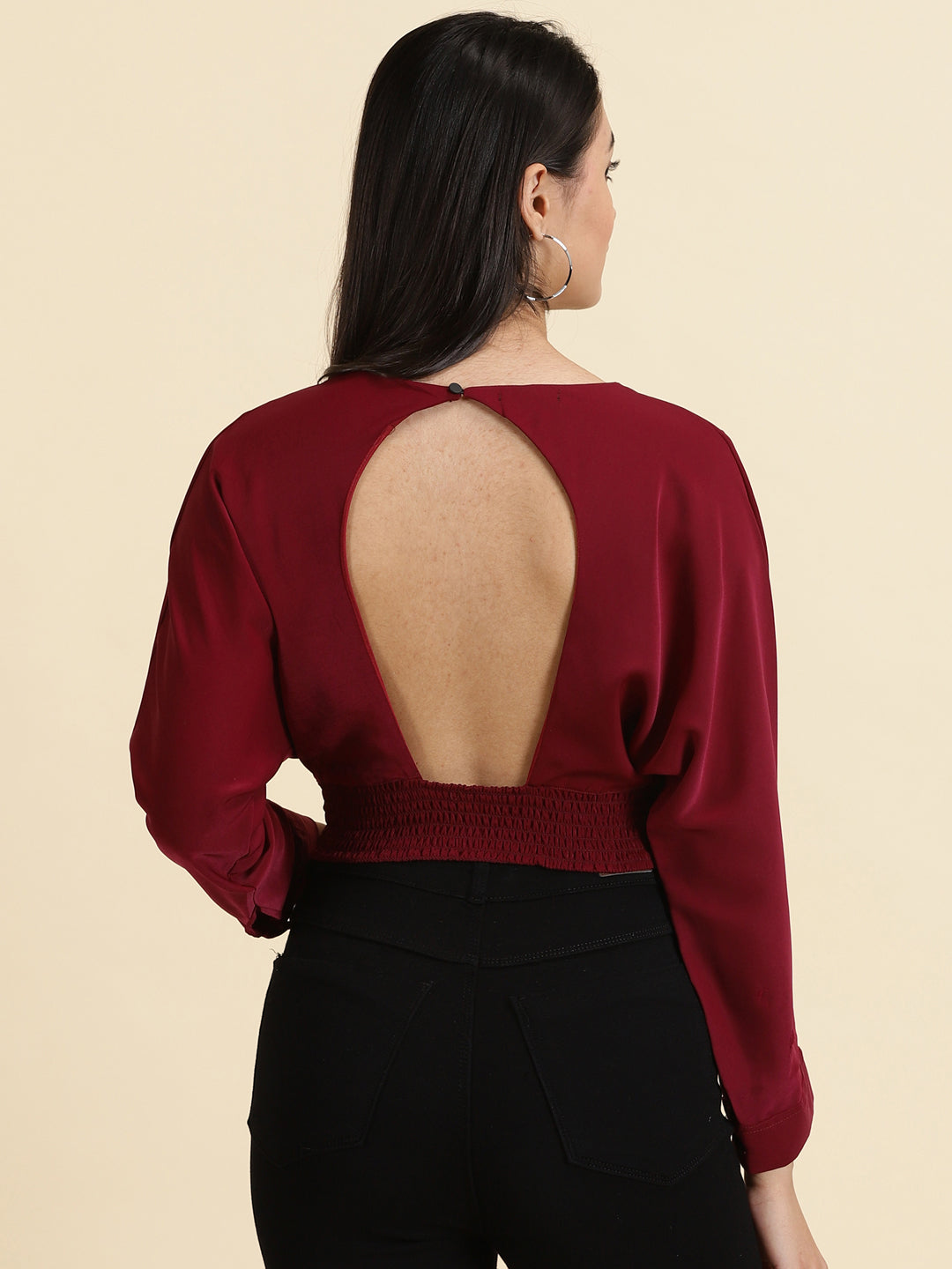 Women's Burgundy Solid Styled Back Crop Top