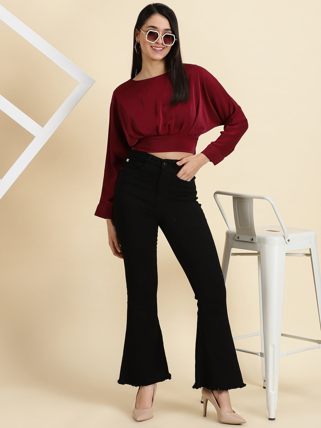 Women's Burgundy Solid Styled Back Crop Top