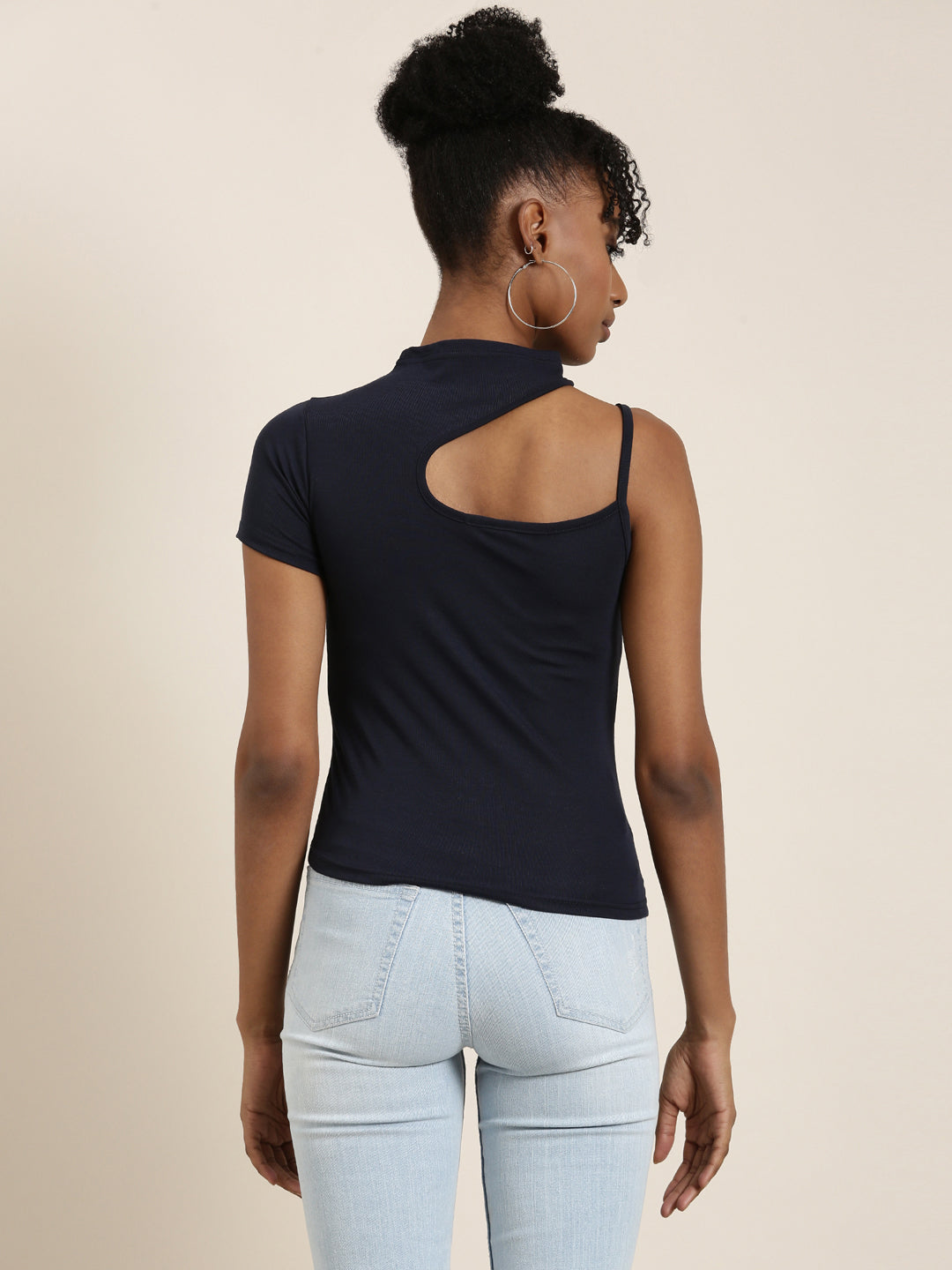 Women Navy Blue Solid Styled Back Top