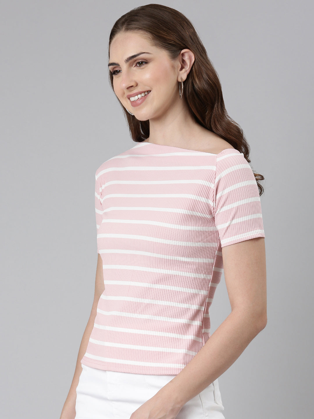 Boat Neck Regular Sleeves Horizontal Stripes Pink Regular Top