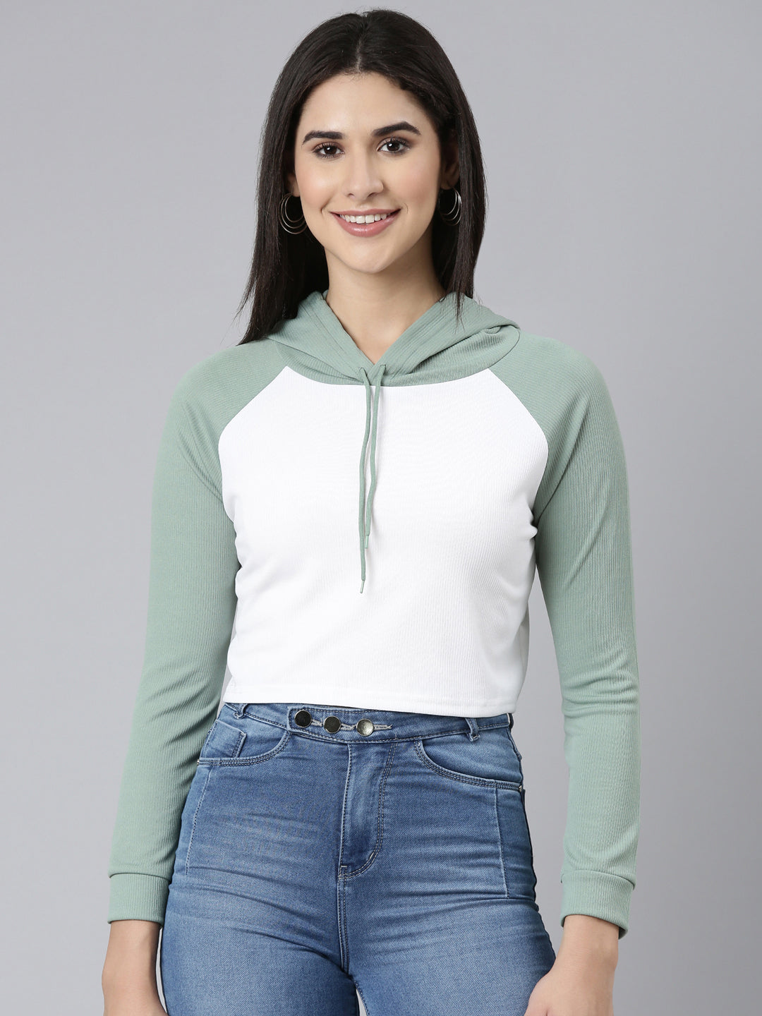 Women White Colourblock Crop Sweatshirt