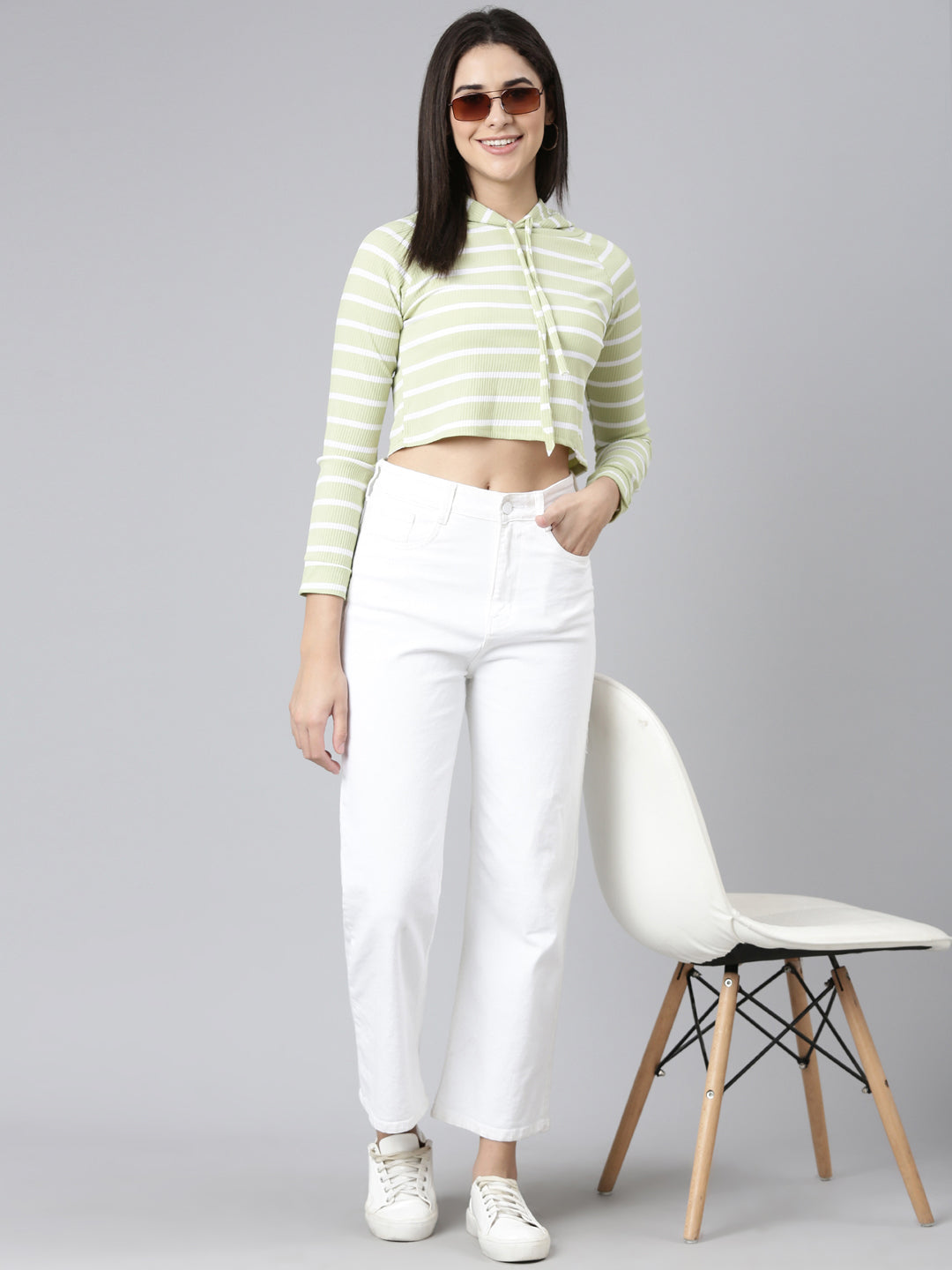 Women Olive Colourblock Crop Sweatshirt