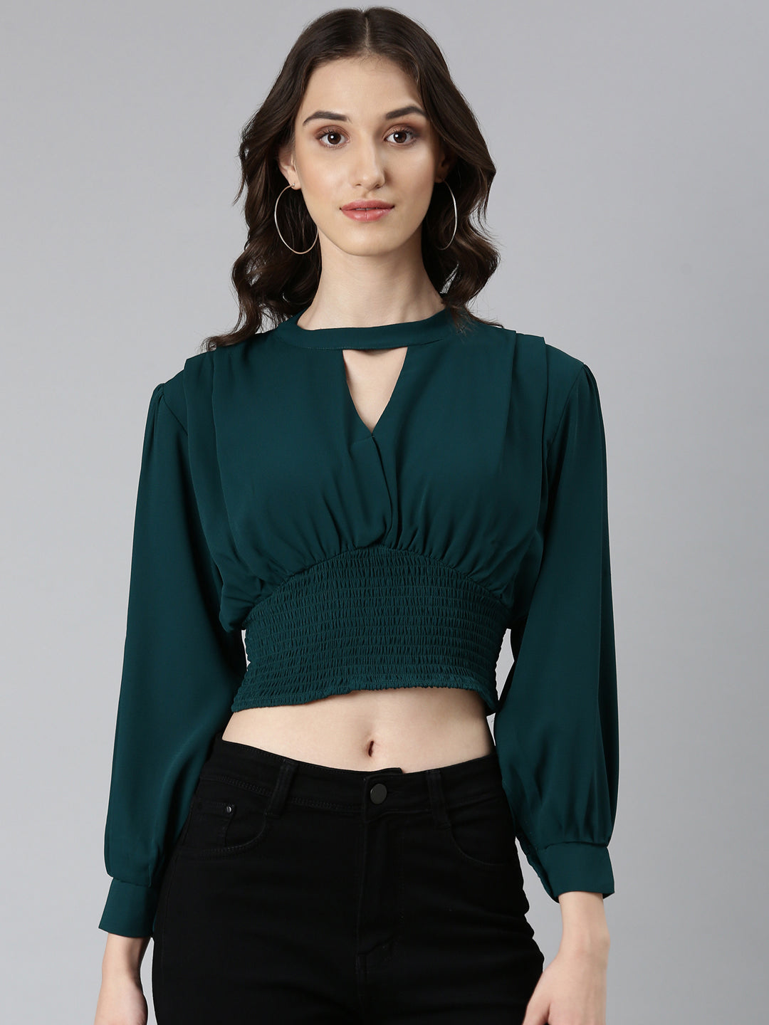 Women Green Solid Blouson Crop Top