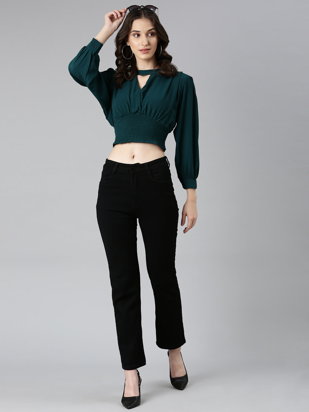 Women Green Solid Blouson Crop Top