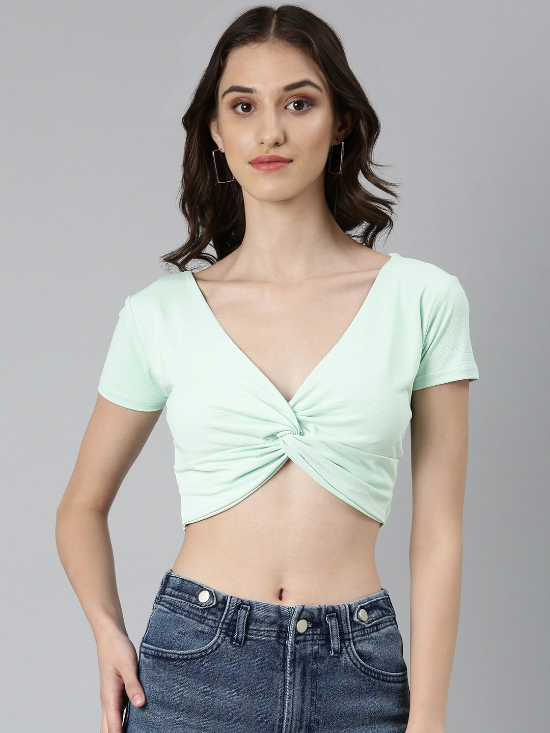 Women Sea Green Solid Blouson Crop Top