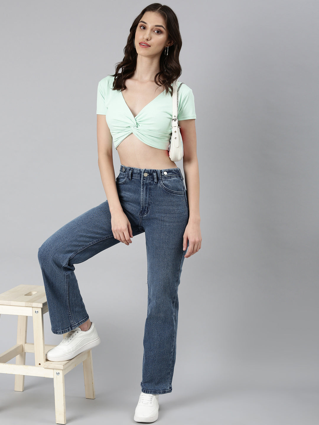 Women Sea Green Solid Blouson Crop Top