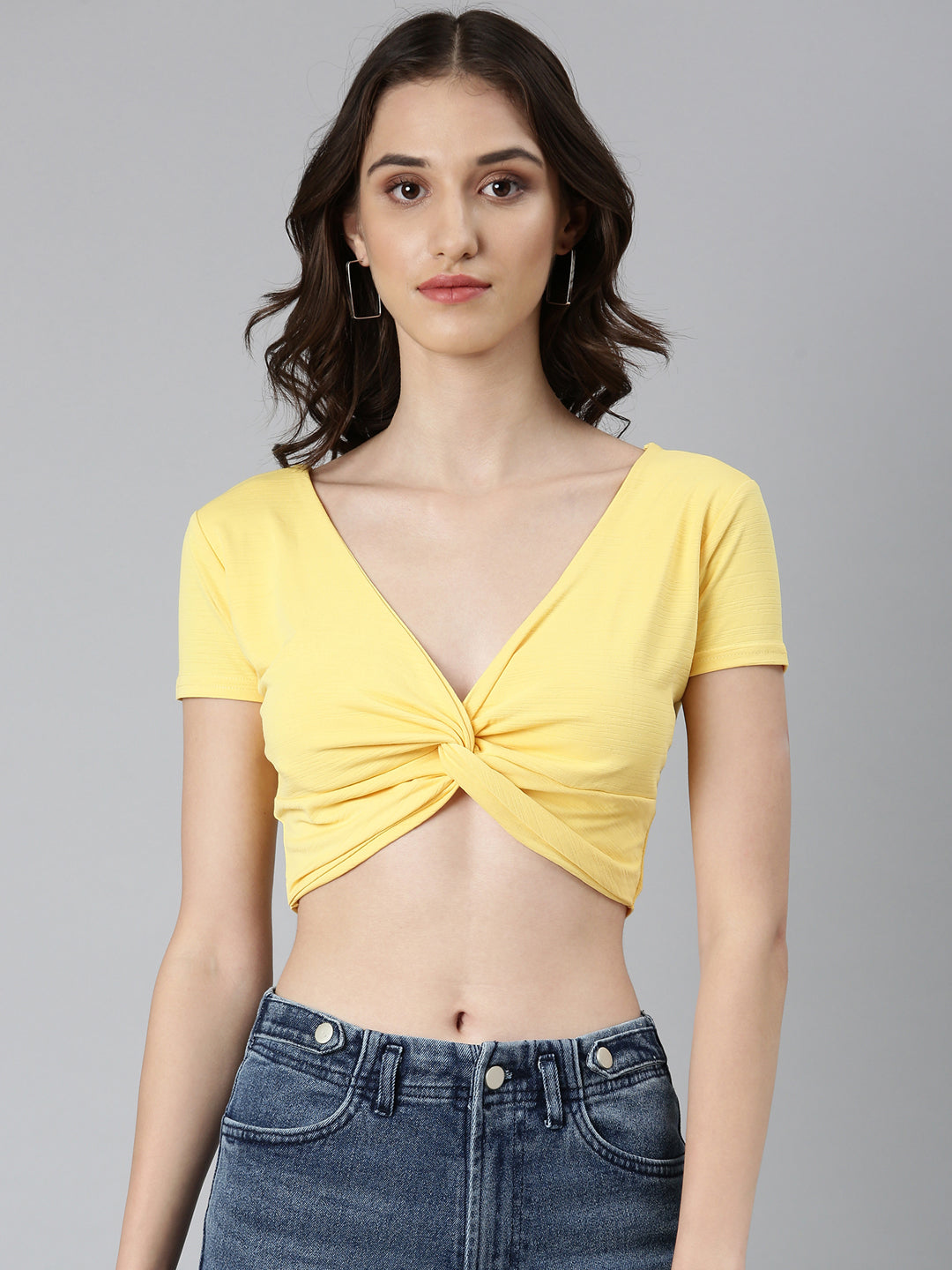 Women Yellow Solid Blouson Crop Top