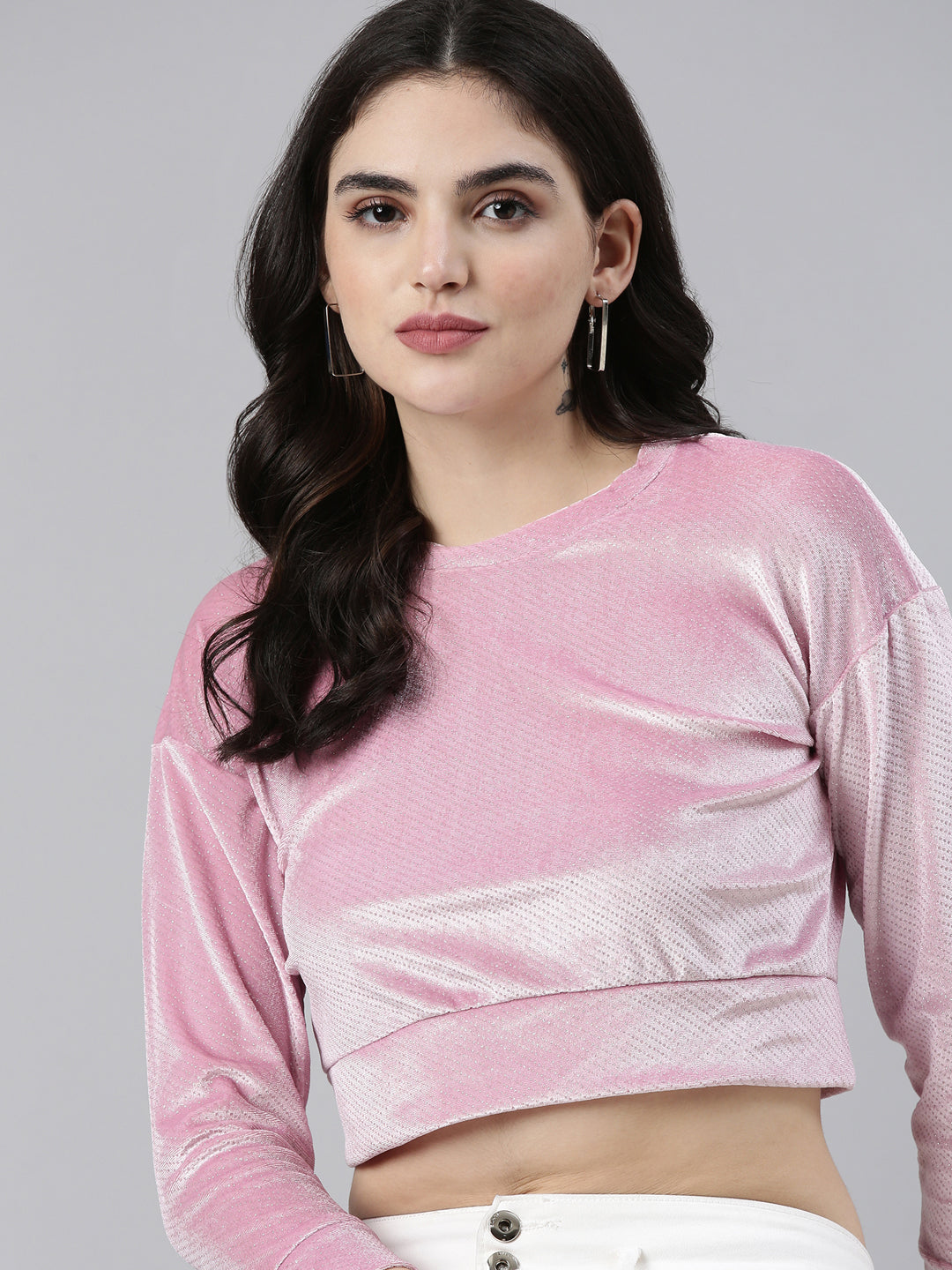 Round Neck Regular Sleeves Embellished Pink Crop Top