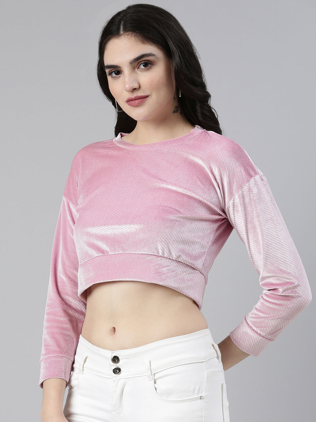 Round Neck Regular Sleeves Embellished Pink Crop Top