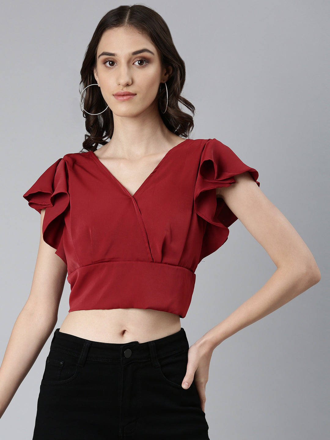 Women Maroon Solid Styled Back Crop Top
