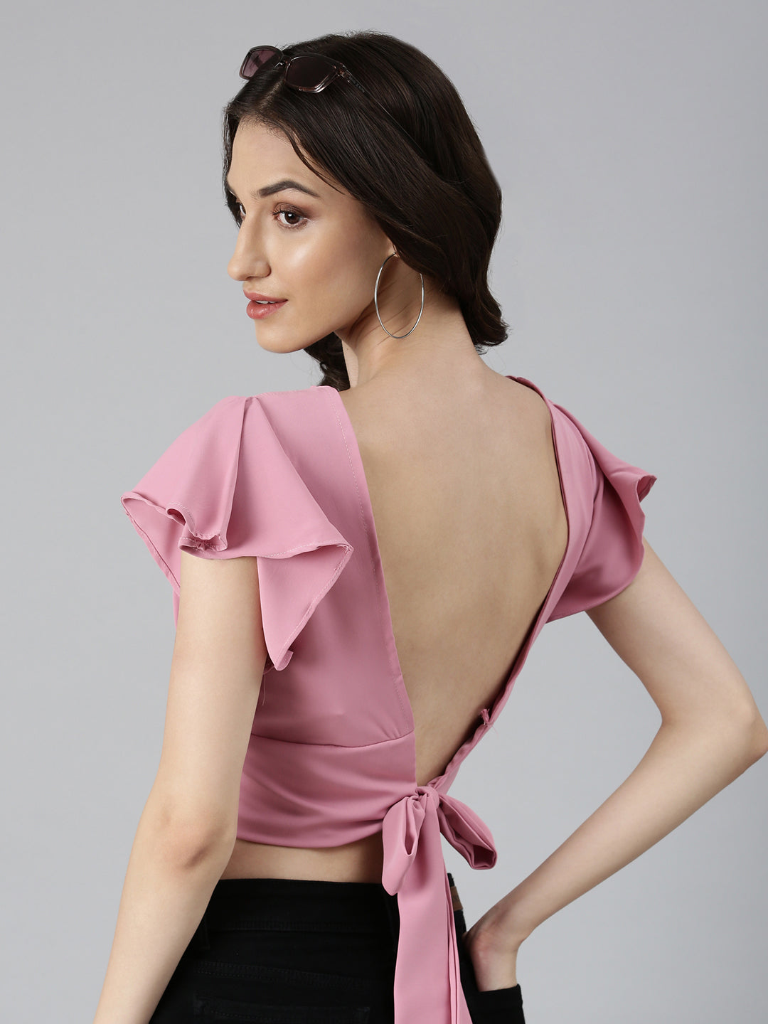 Women Pink Solid Styled Back Crop Top
