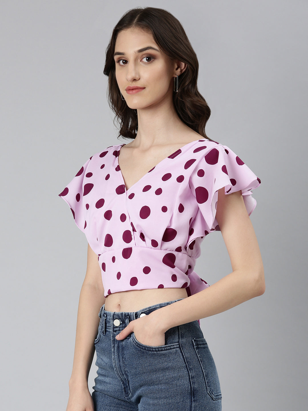 Women Lavender Polka Dots Blouson Crop Top