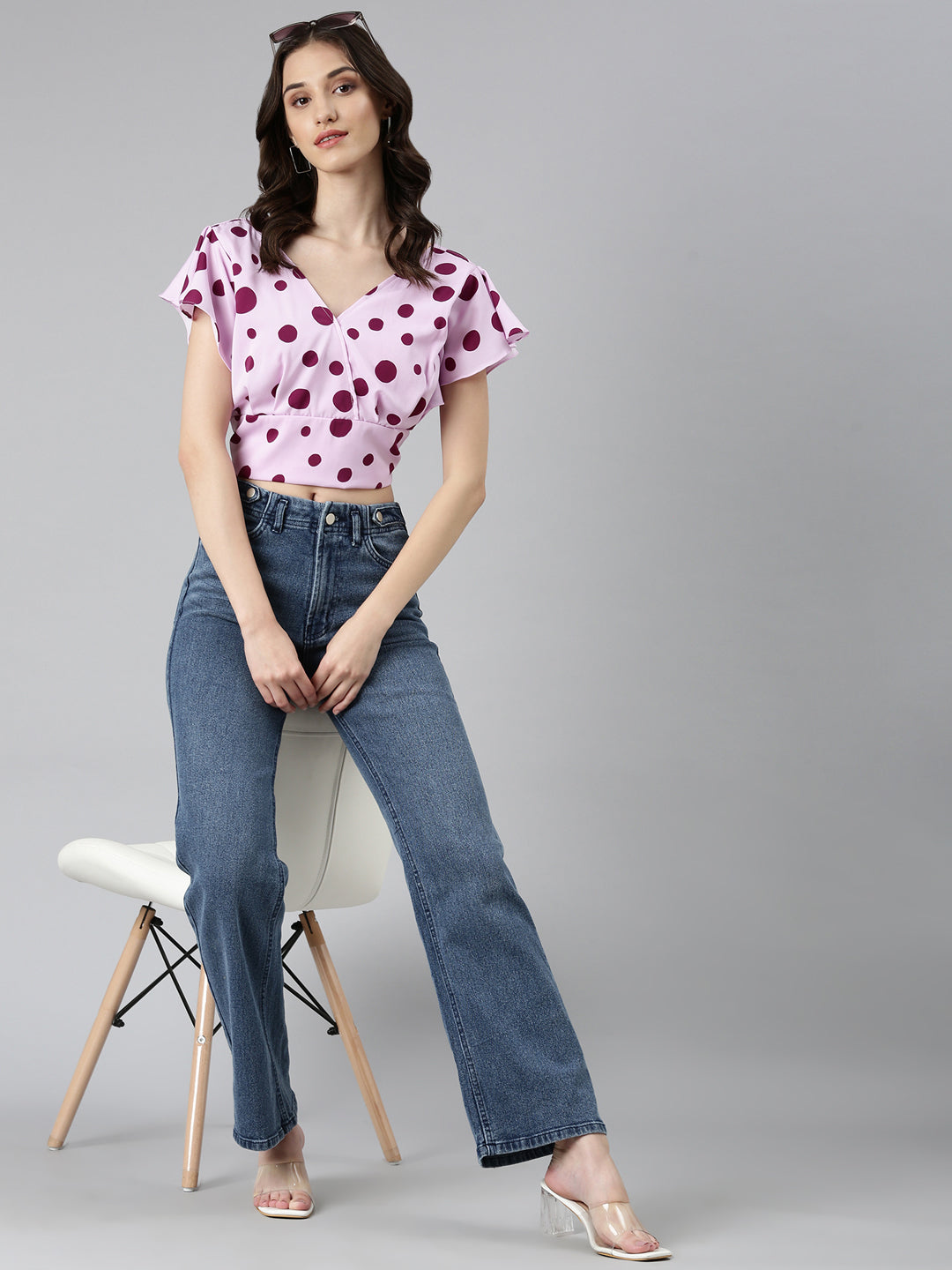 Women Lavender Polka Dots Blouson Crop Top