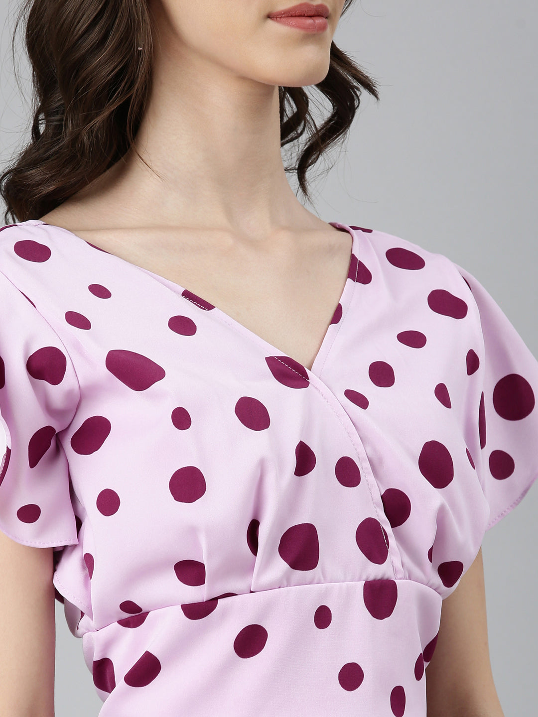 Women Lavender Polka Dots Blouson Crop Top