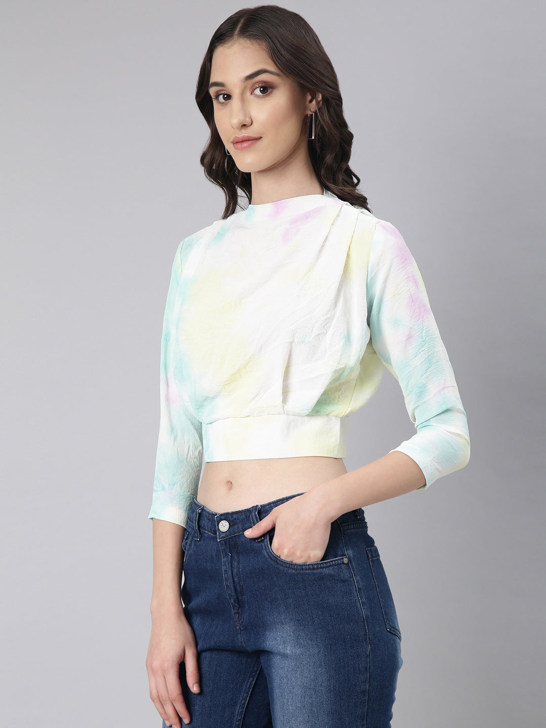 Women Turquoise Blue Tie Dye Blouson Top