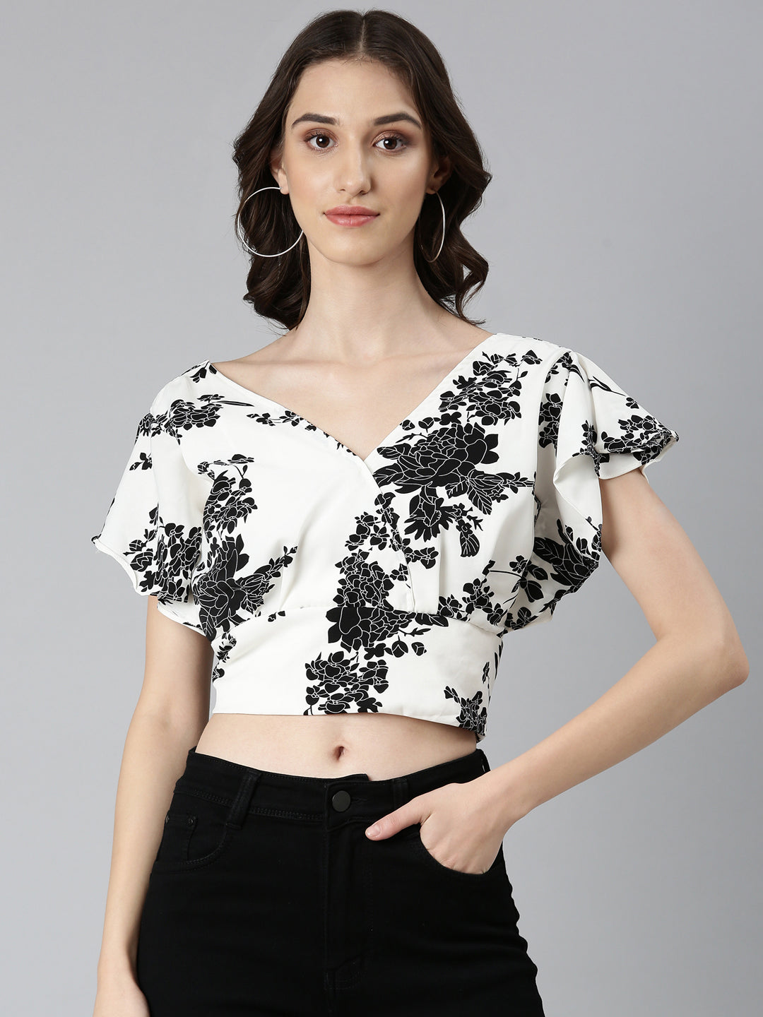 Women White Floral Styled Back Crop Top