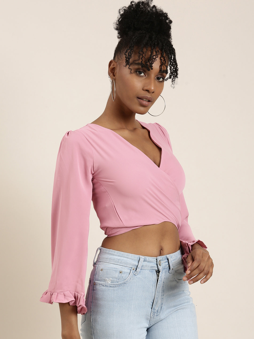 Women Pink Solid Wrap Crop Top