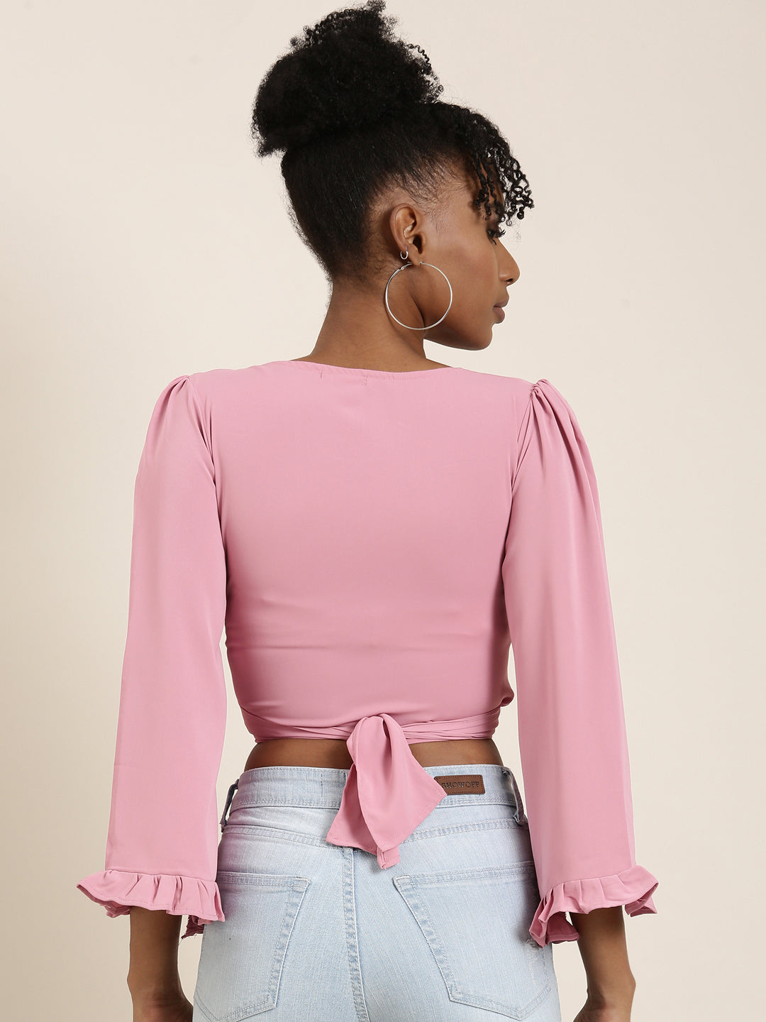 Women Pink Solid Wrap Crop Top