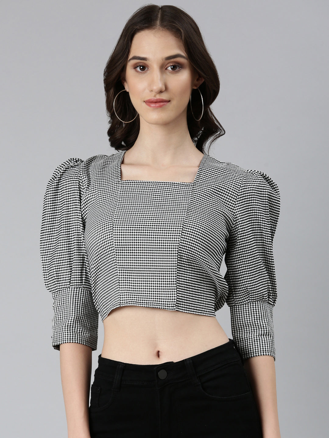 Women Black Geometrical Blouson Crop Top