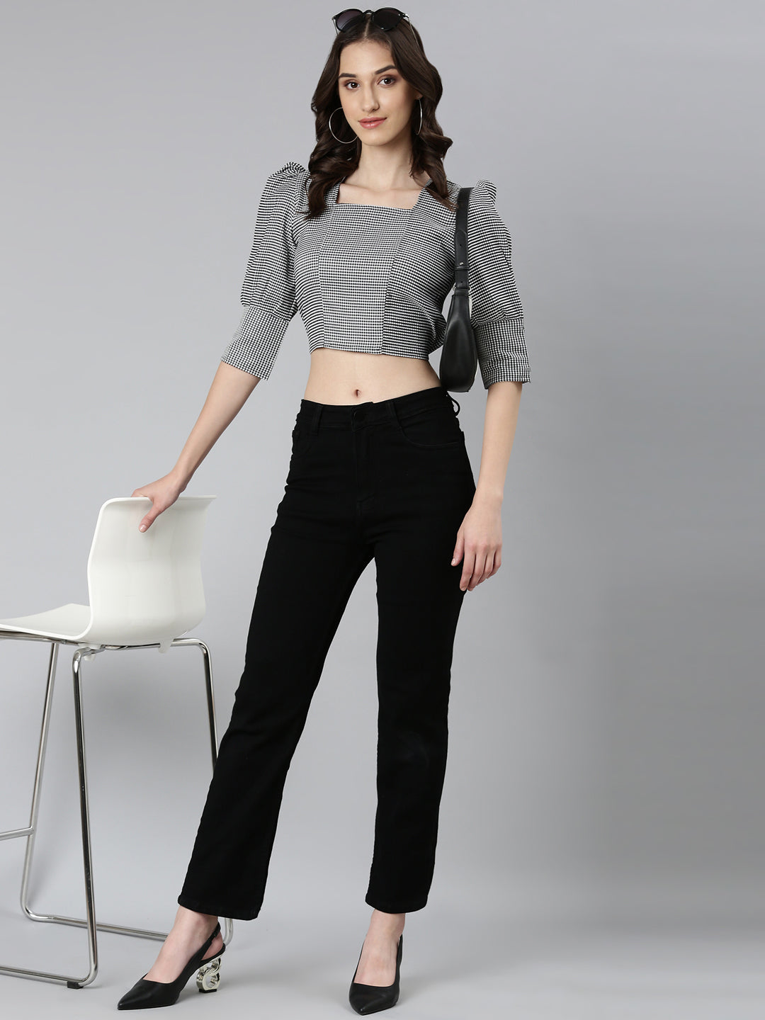 Women Black Geometrical Blouson Crop Top