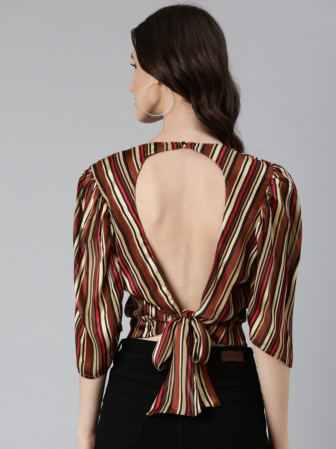 Women Brown Striped Styled Back Crop Top