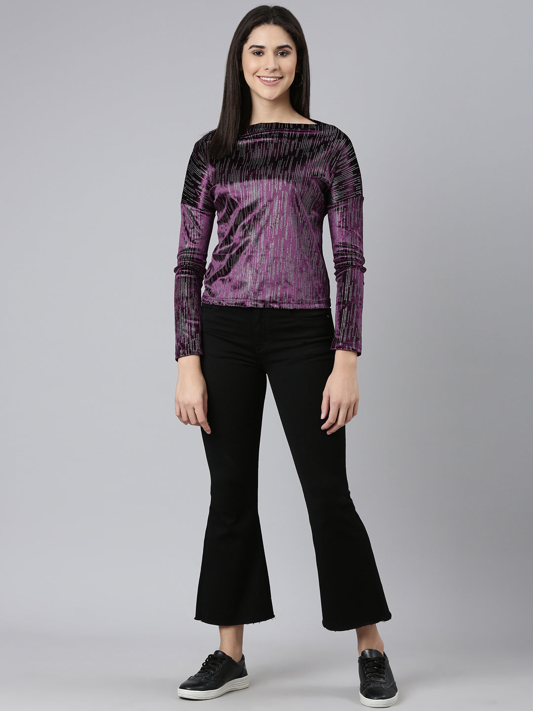 Boat Neck Embellished Purple Regular Top