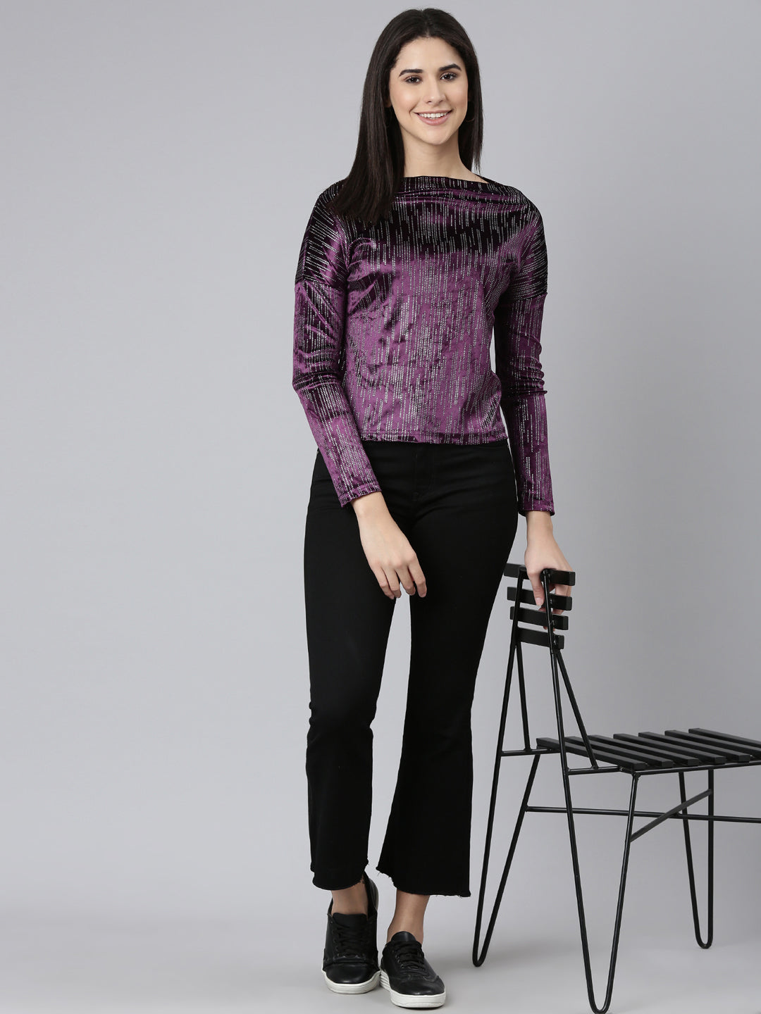 Boat Neck Embellished Purple Regular Top