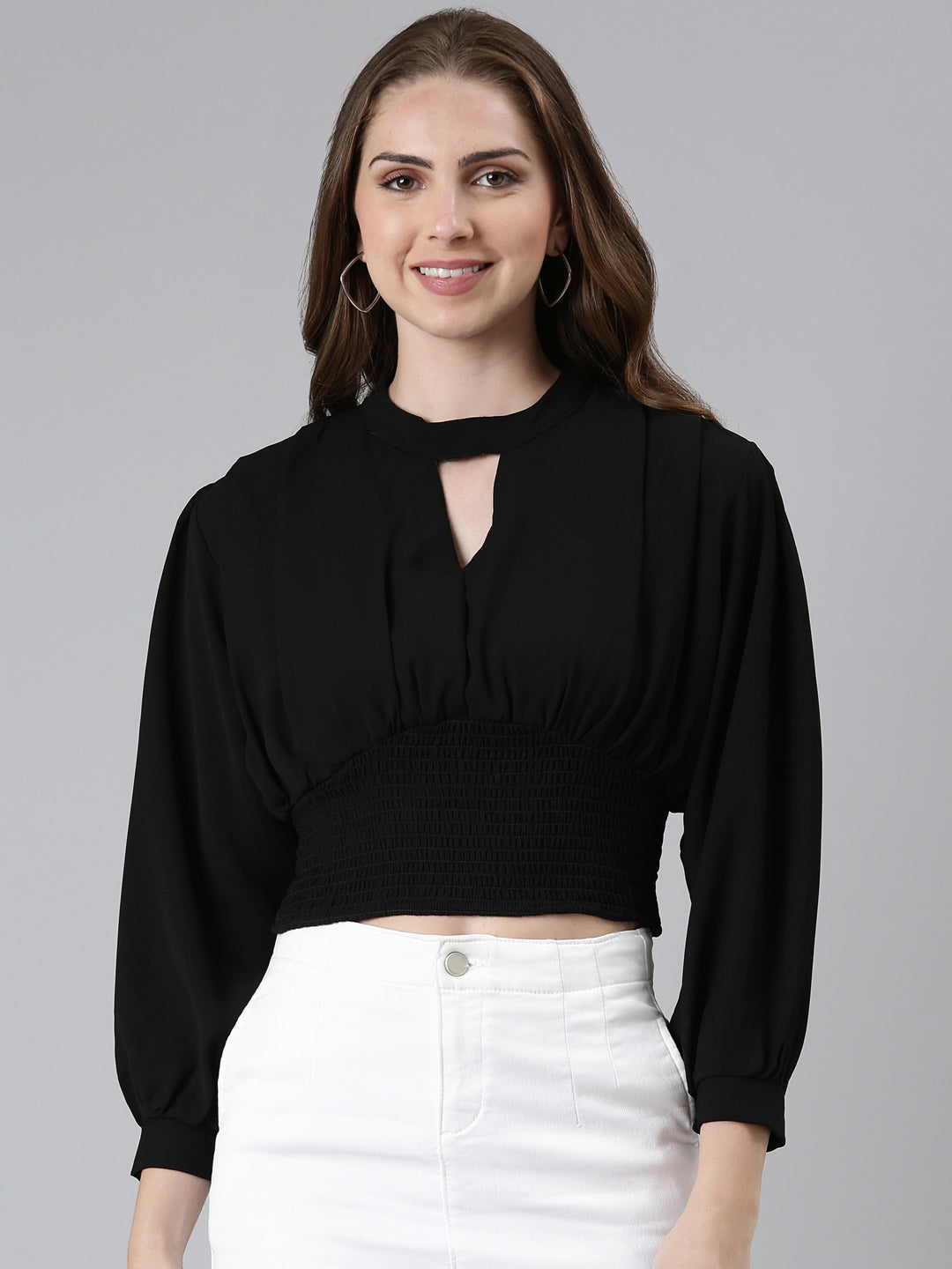 Keyhole Neck Bishop Sleeves Solid Cinched Waist Black Crop Top