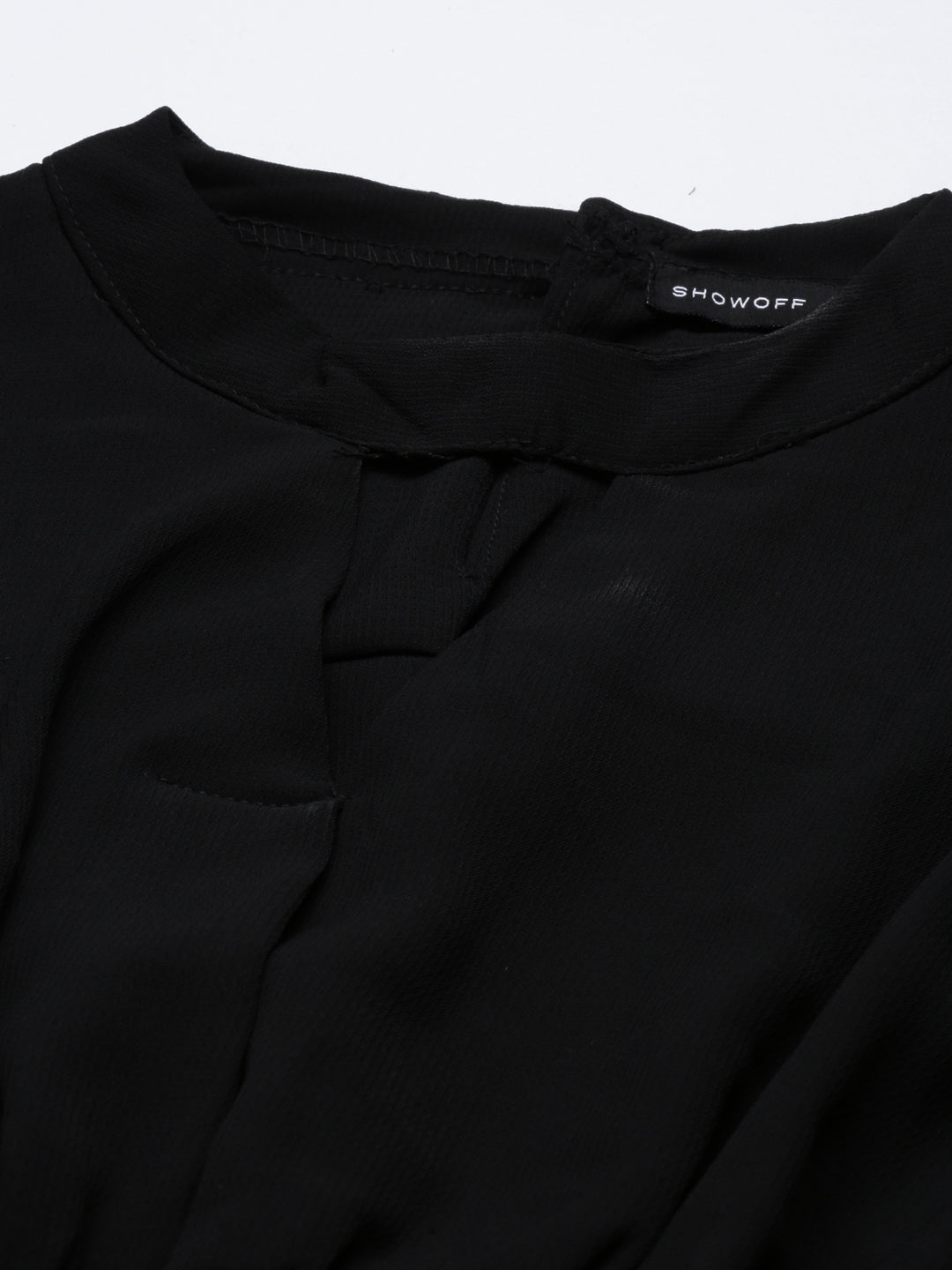 Keyhole Neck Bishop Sleeves Solid Cinched Waist Black Crop Top