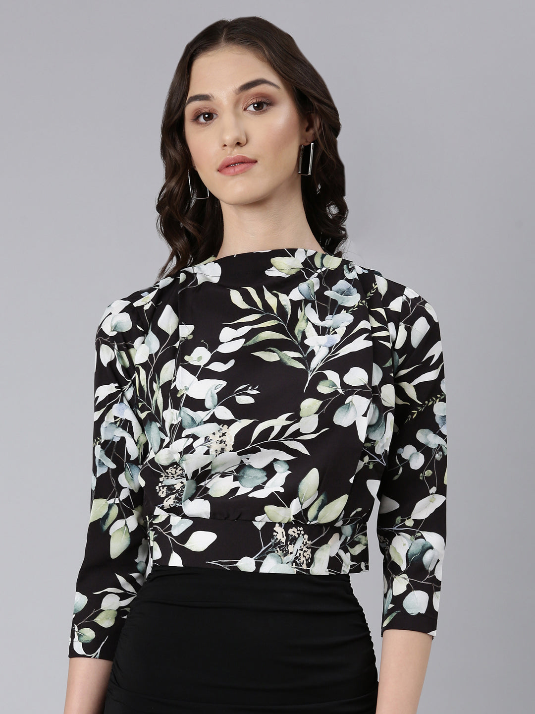 Women Black Floral Blouson Top