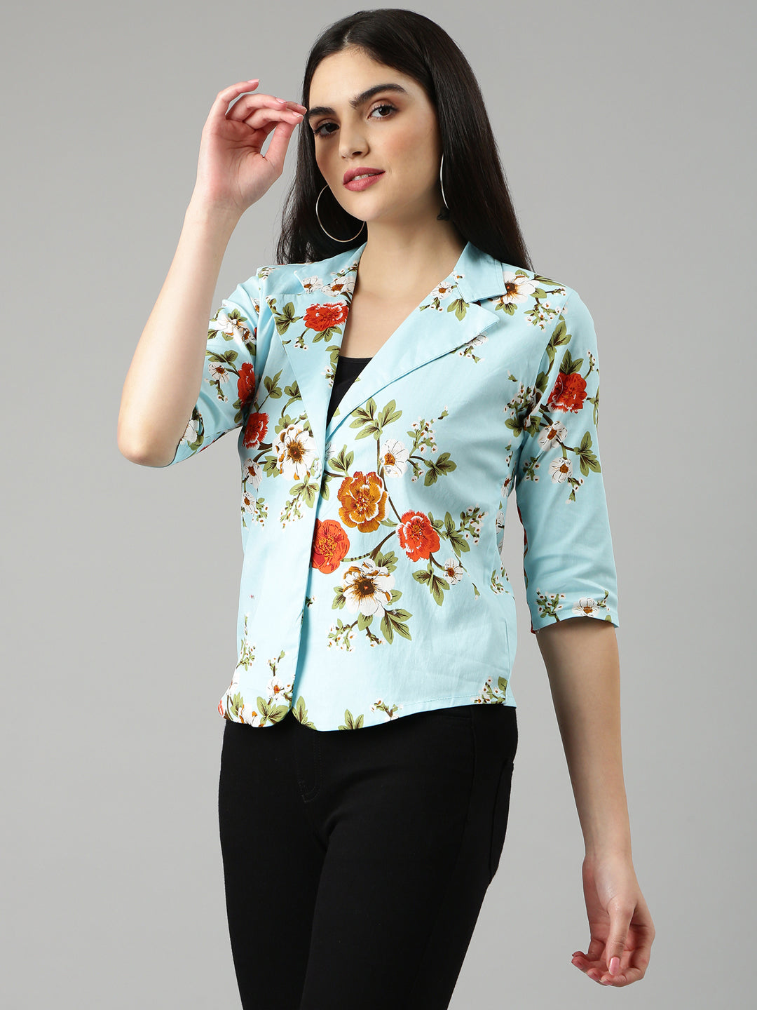 Women Blue Printed Blazer