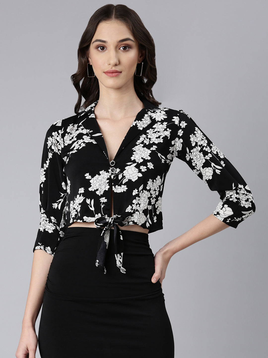 Women Black Floral Shirt Style Crop Top