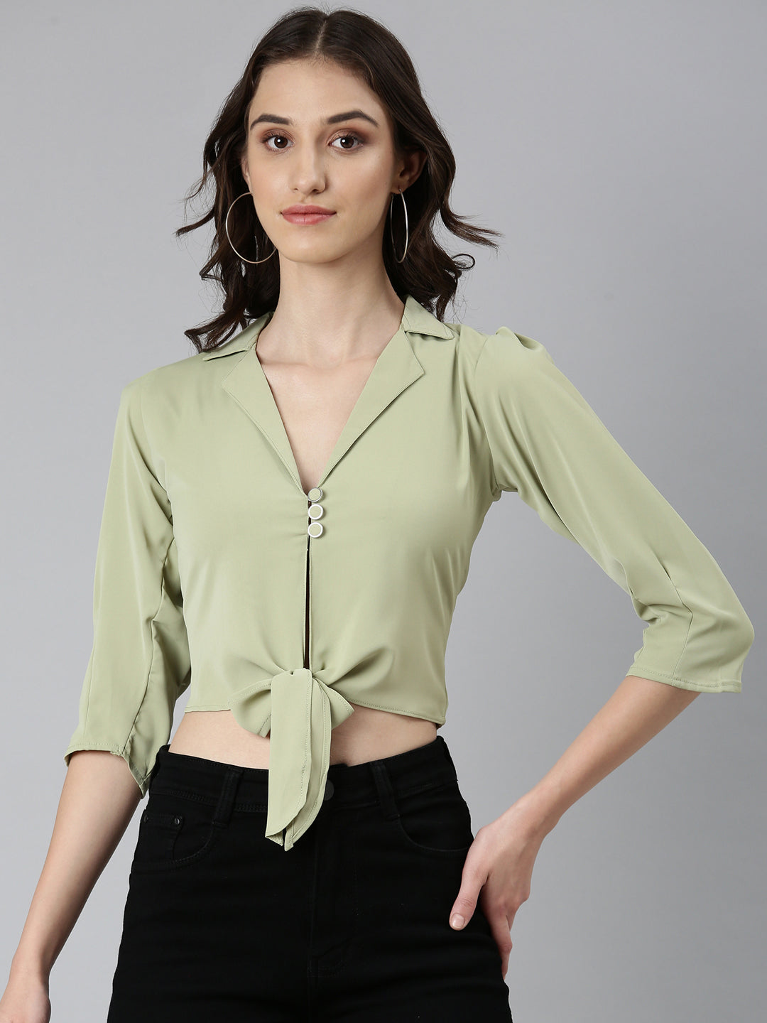 Women Olive Solid Shirt Style Crop Top