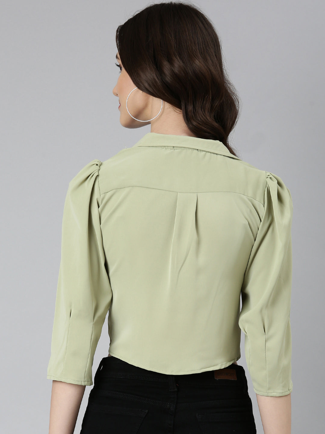 Women Olive Solid Shirt Style Crop Top