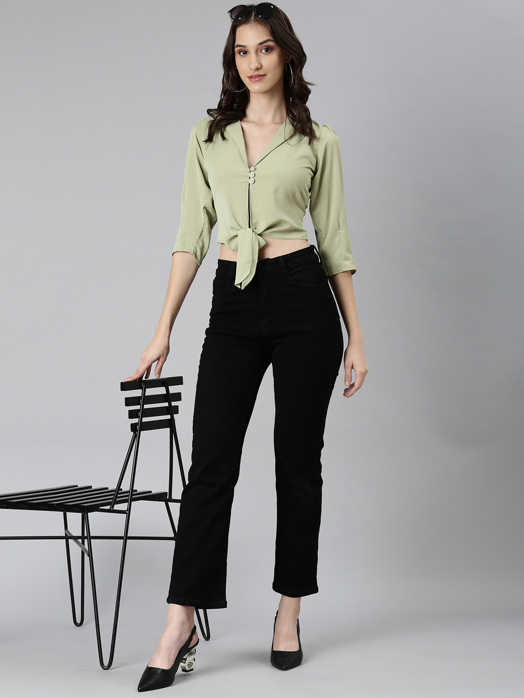 Women Olive Solid Shirt Style Crop Top