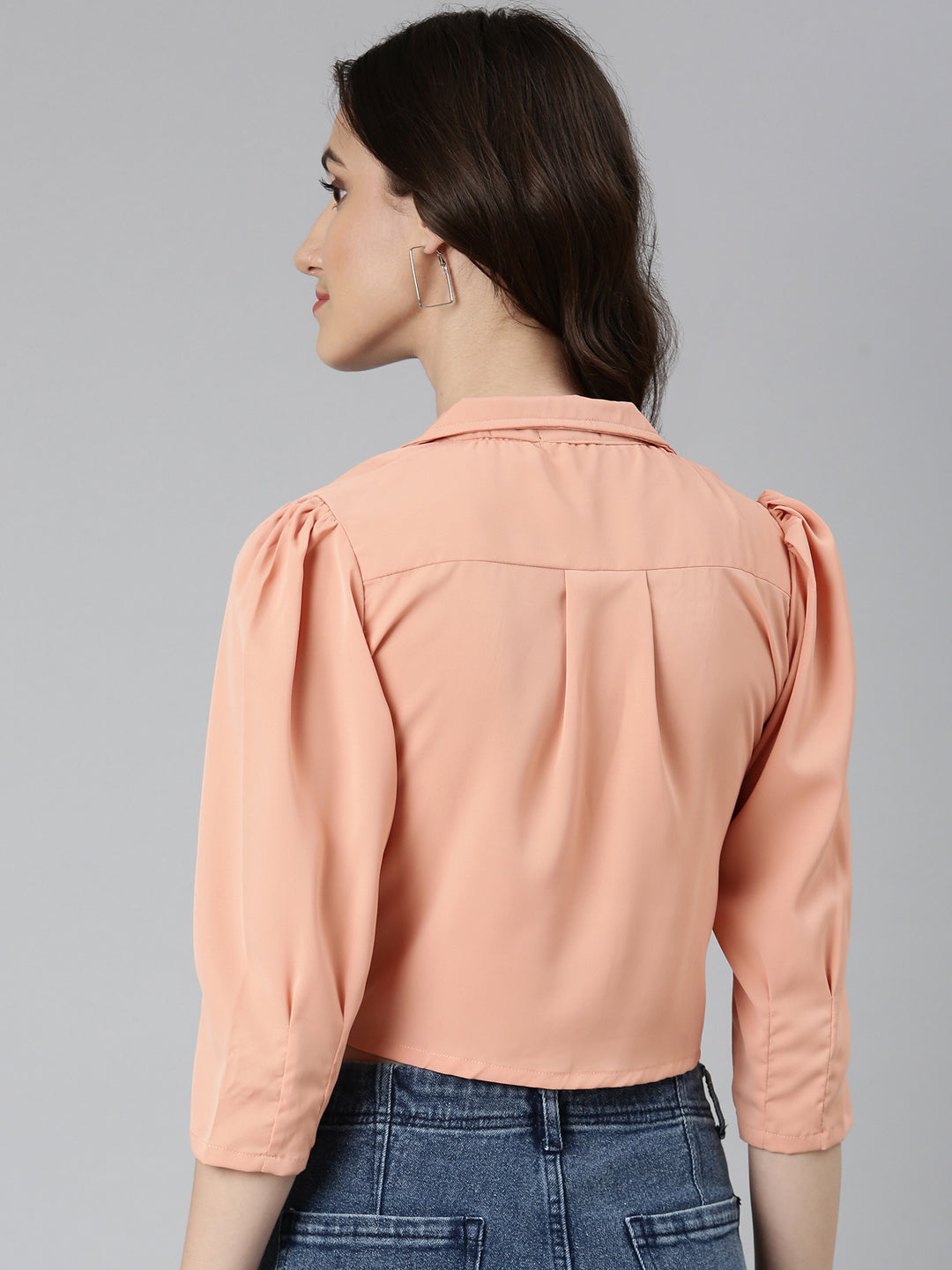 Women Peach Solid Shirt Style Crop Top