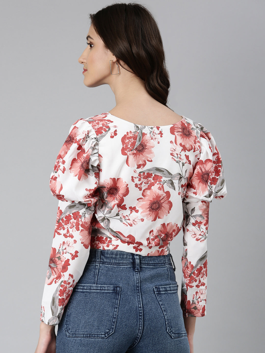 Women White Floral Blouson Crop Top