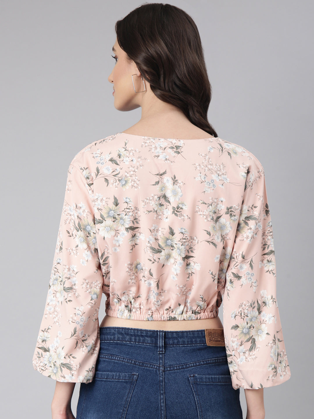 Women Peach Floral Blouson Crop Top