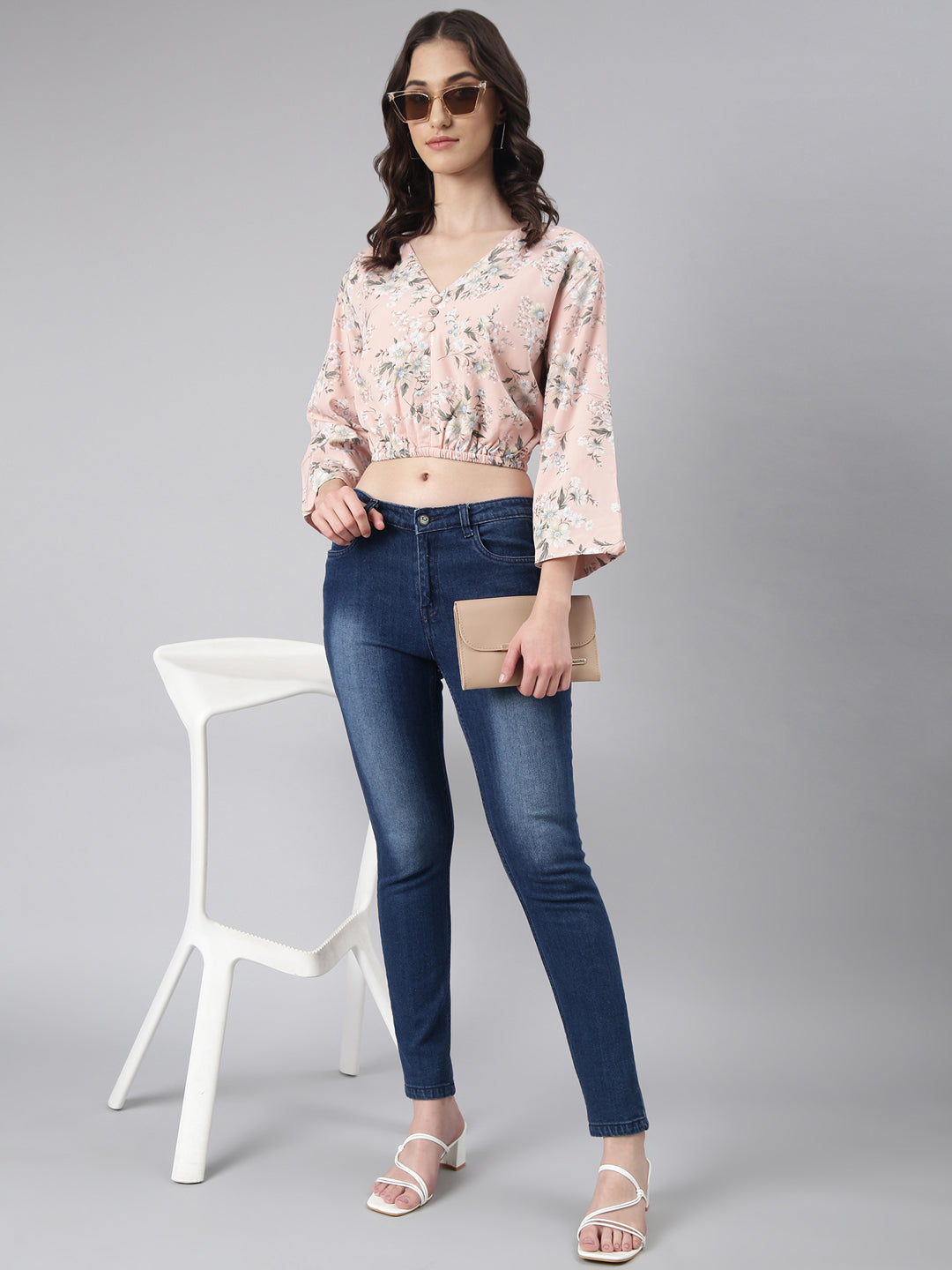 Women Peach Floral Blouson Crop Top