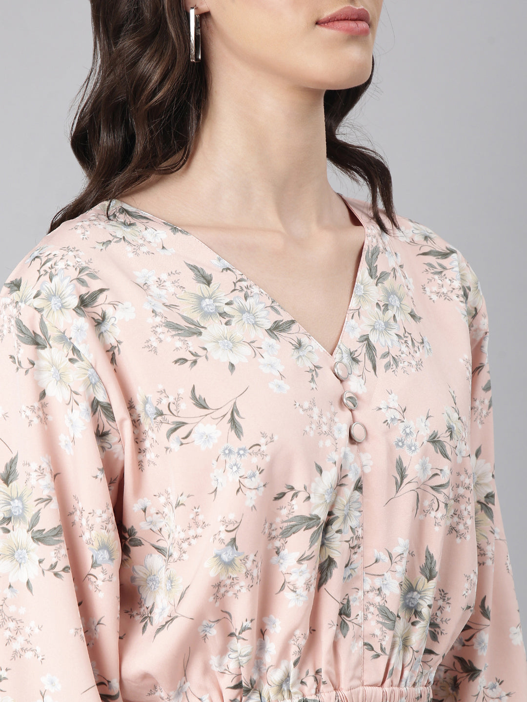 Women Peach Floral Blouson Crop Top