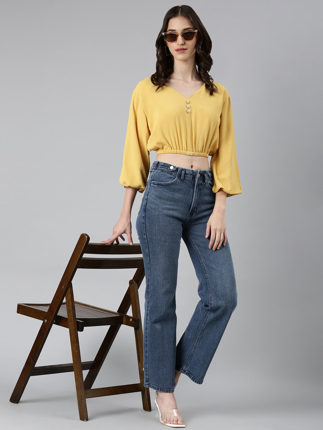 Women Mustard Solid Blouson Crop Top