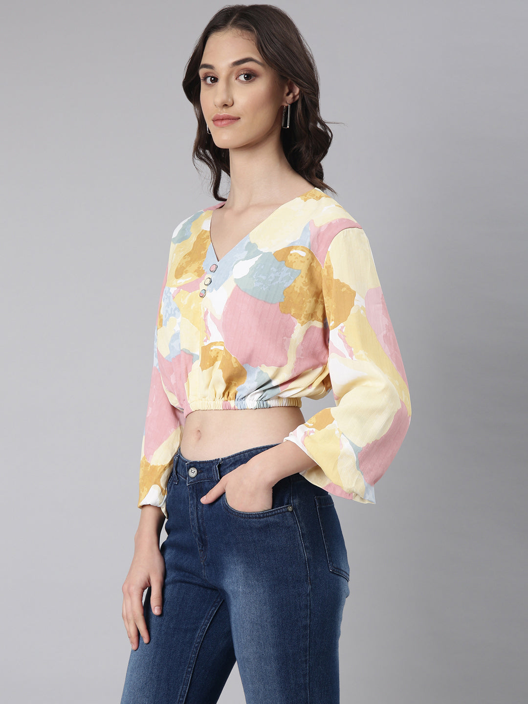 Women Yellow Printed Blouson Crop Top