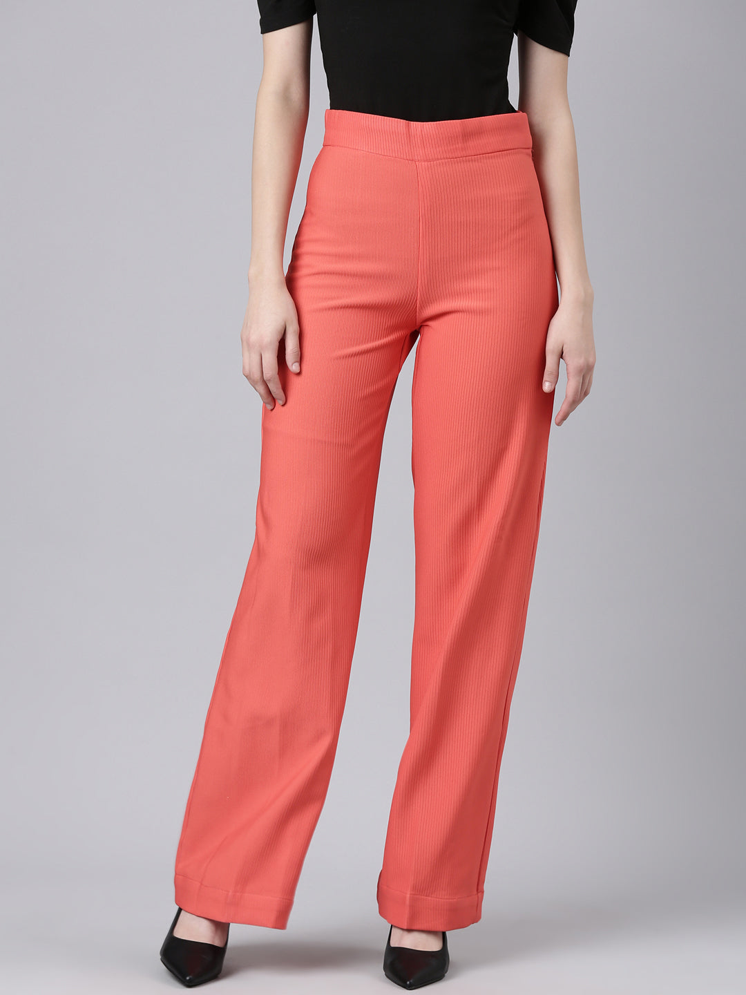 Women Coral Striped Parallel Trouser