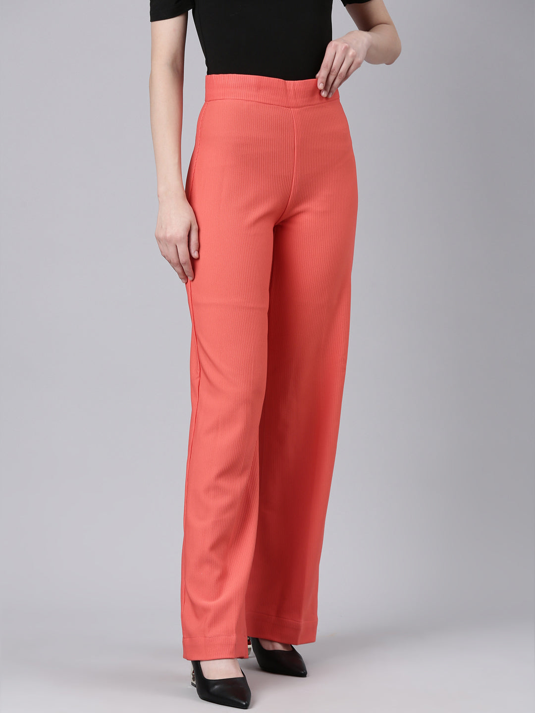 Women Coral Striped Parallel Trouser