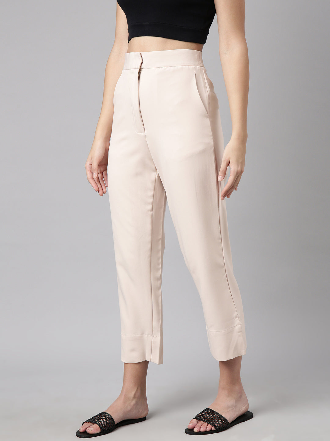 Women Solid Cream Parallel Trousers