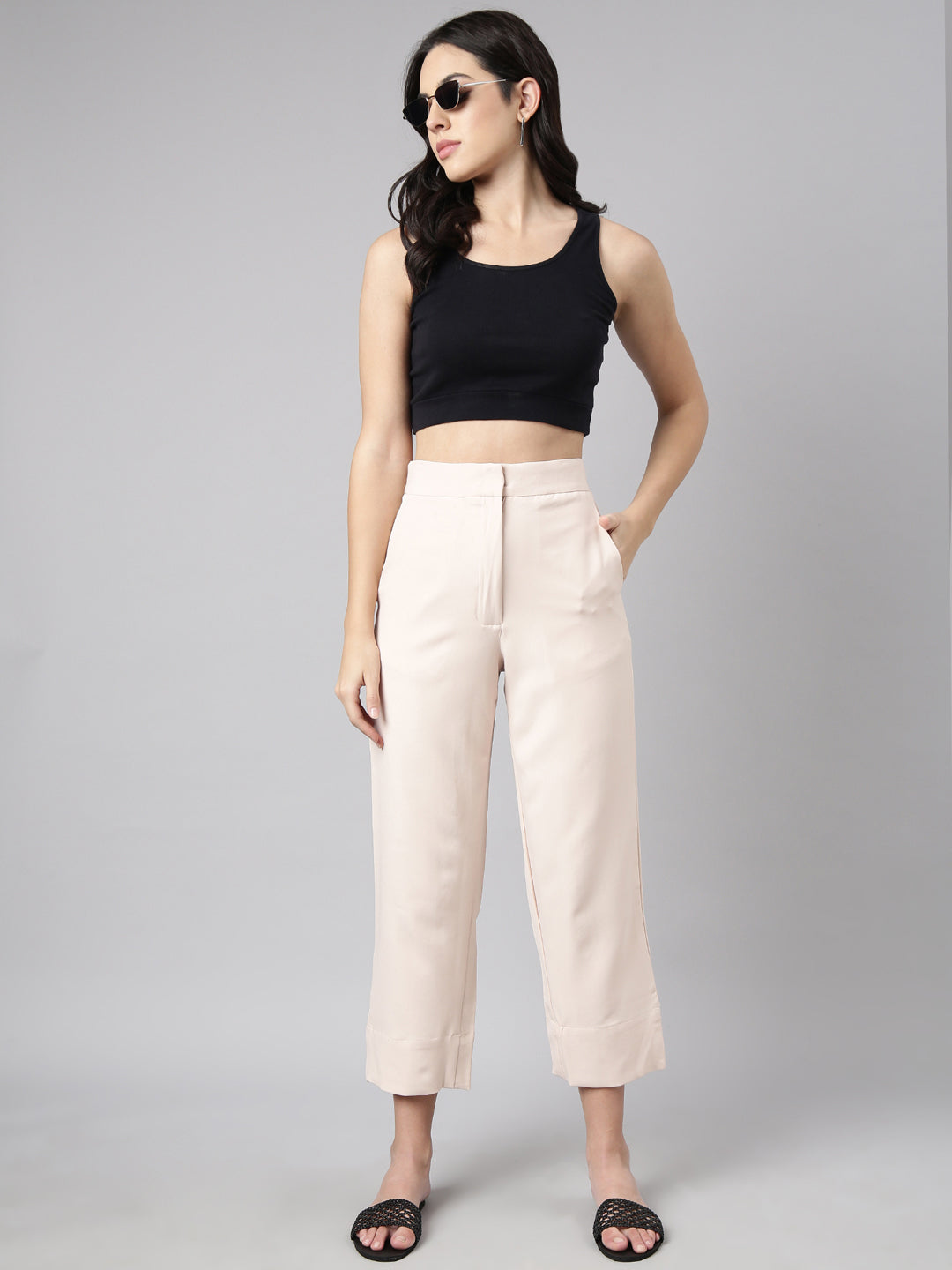 Women Solid Cream Parallel Trousers